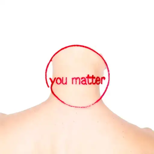 back of neck words "you matter" in red ink with semi-colon after with perle von Nuremberg as the circle in semi-colon tattoo design idea