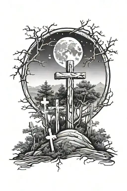 red moon over a forest with wooden crosses mixed tattoo design idea