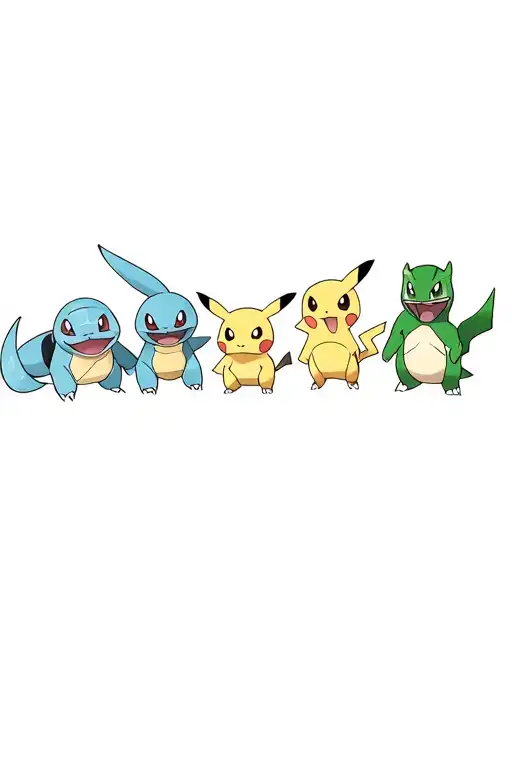 pokemon squirtle, bulbasaur, charmander and pikachu in a long banner for forearm with their pokedex number tattoo design idea