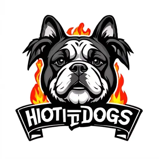 "Miami Hot Dogs" cartoon  mastiffi dog face and fire and palm tree tattoo design idea