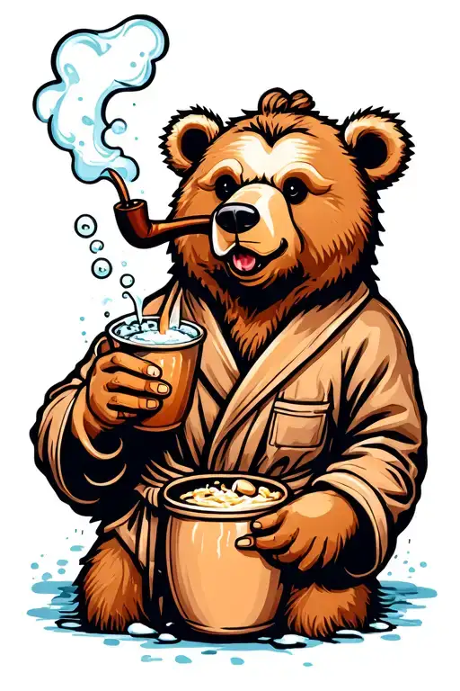 bear in a bath robe holding a moscow mule in one hand and a smokers pipe with bubbles coming out of it in the other tattoo design idea