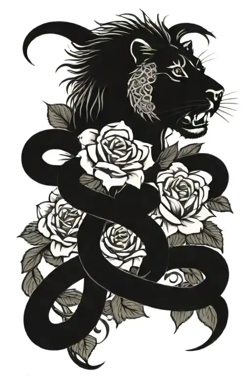 piston lion snake and roses tattoo design idea