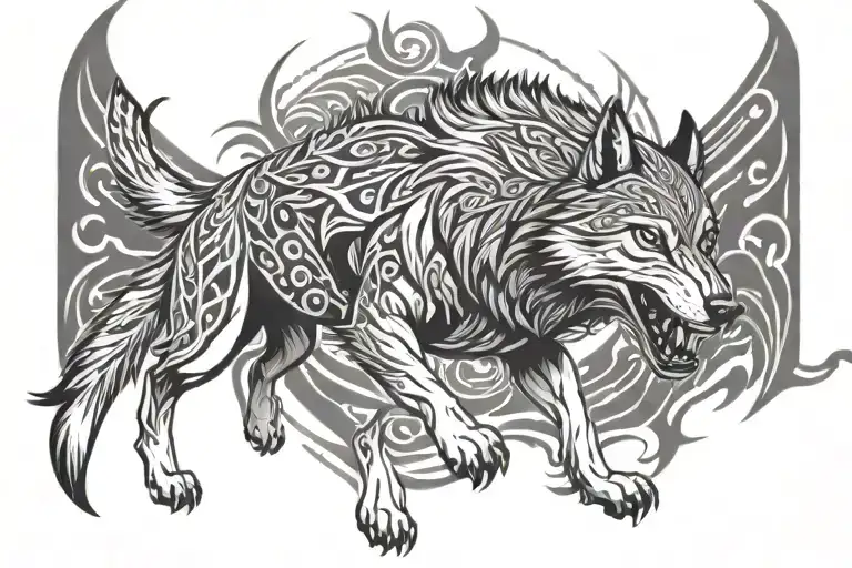 tribal-style wolf in a dynamic, leaping pose, with its front paws extended forward and hind legs pushing off tattoo design idea