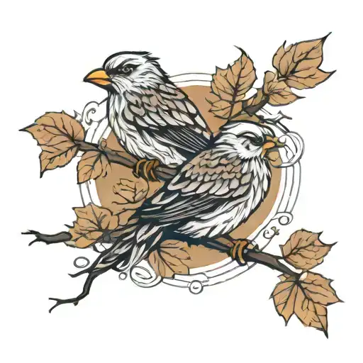 twin peaks series bird wooden autumn leaves intertwined tattoo design idea