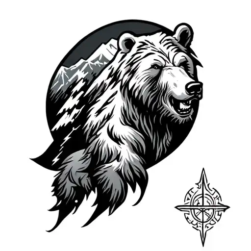 The whole left arm man, Nordic style + bear + mountain + runes and symbols + lightning tattoo design idea