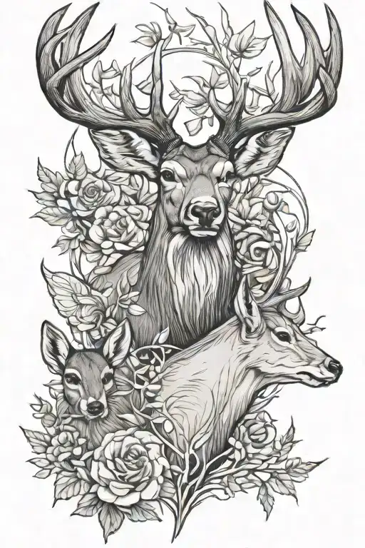 Large buck, with a young buck, a doe, and a young doe tattoo design idea