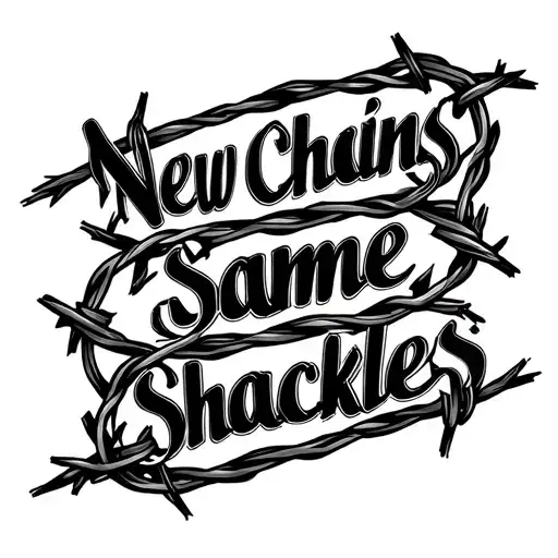 Barbed wire between two lines of text. On top it says "New Chains" and below it says "Same Shackles" tattoo design idea