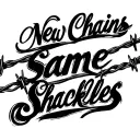 Barbed wire between two lines of text. On top it says "New Chains" and below it says "Same Shackles" tattoo design idea