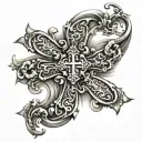 A cross made of ancient scrolls with angelic figures intertwined tattoo design idea