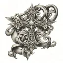 A cross made of ancient scrolls with angelic figures intertwined tattoo design idea