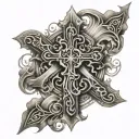 A cross made of ancient scrolls with angelic figures intertwined tattoo design idea