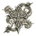 A cross made of ancient scrolls with angelic figures intertwined tattoo design idea