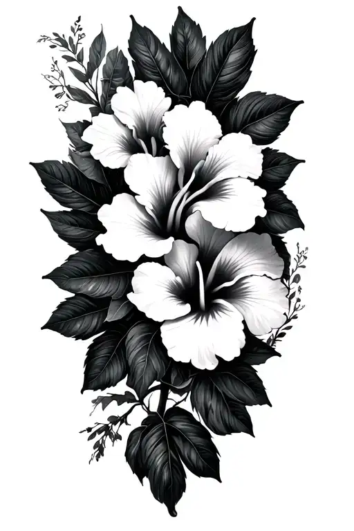 hibiscus flowers on a vine with palm leaves tattoo design idea