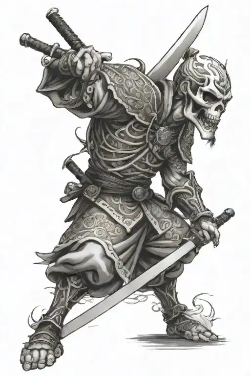 Japanese warrior with a skull as a head holding a sword tattoo design idea