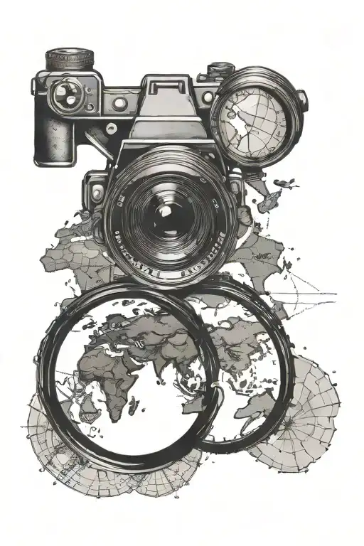 A camera lens with a world map inside it, highlighting the countries you have traveled to tattoo design idea