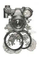 A camera lens with a world map inside it, highlighting the countries you have traveled to tattoo design idea