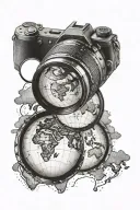 A camera lens with a world map inside it, highlighting the countries you have traveled to tattoo design idea