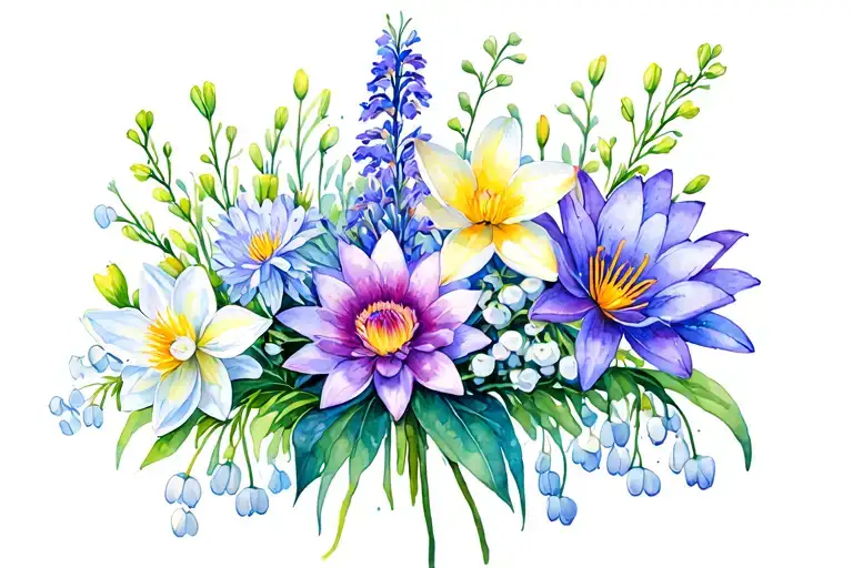 Asters, lily of the valley, narcissis, larkspur, and waterlily in a bouquet  tattoo design idea