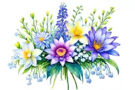 Asters, lily of the valley, narcissis, larkspur, and waterlily in a bouquet  tattoo design idea