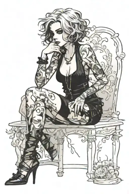Sexy girl, Gigantic Boobs, cleavage, wide hips, petite, big booty.. grungy torn clothing, short bob hairstyle, smoking  tattoo design idea