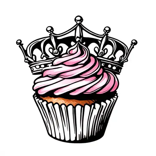 a cupcake with pink icing wearing a queens crown cocked to the side  tattoo design idea