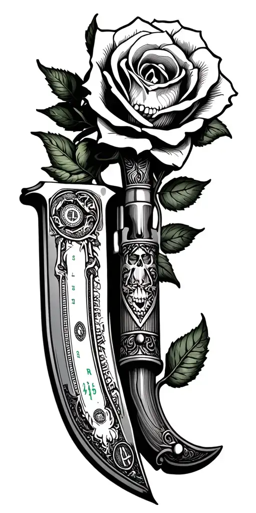 knife gun rose skull money tattoo design idea