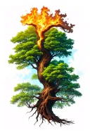 life tree split on two sides. The lest is happy and lifefull with leaves the lther is burning on the top and dead tattoo design idea