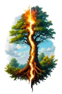 life tree split on two sides. The lest is happy and lifefull with leaves the lther is burning on the top and dead tattoo design idea