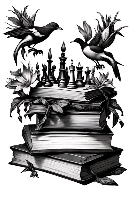 a bookish tattoo with a stack of three open books, covered in burnt out candles, 6 birds, strelitzia flowers, chess piec tattoo design idea