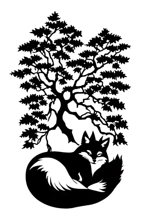 fox sleeping under an alder tree tattoo design idea