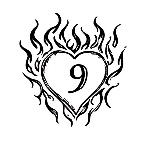 heart with flames with a number 9 inside tattoo design idea