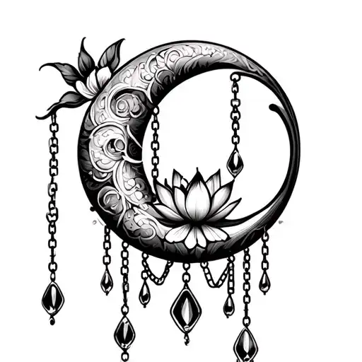 crescent moon with line art in it, chains and jewels hanging off and a lotus flower between the points of the moon tattoo design idea