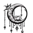 crescent moon with line art in it, chains and jewels hanging off and a lotus flower between the points of the moon tattoo design idea