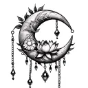 crescent moon with line art in it, chains and jewels hanging off and a lotus flower between the points of the moon tattoo design idea