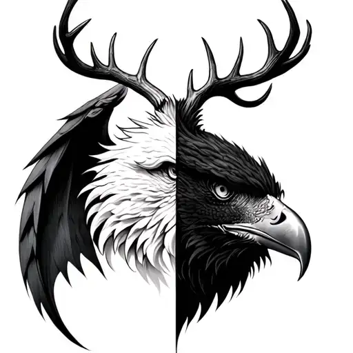 create tattoo with half black and half white eagle face, deer antlers, dragon wings and a dragon tail coming from behind tattoo design idea