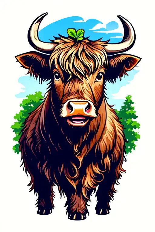 scottish sprout with a Dunoon Scotland background and a smiling highland cow tattoo design idea