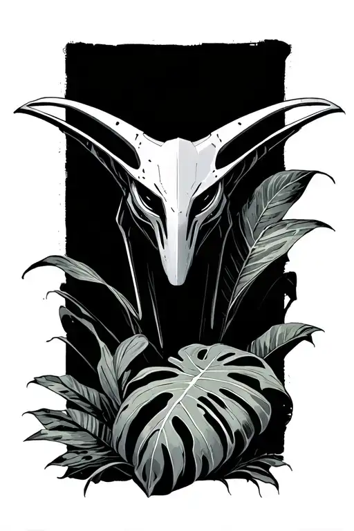 Line work star wars general grievous with monstera deliciosa, philodendron pothos, monstera deliciosa swiss cheese, mons tattoo design idea