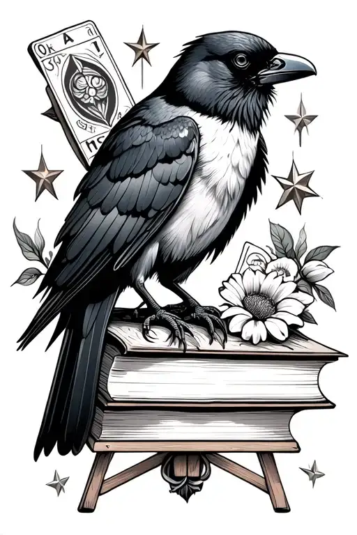 Sleeve tattoo of black and white crow on book with stars and easel and tarot cards and flowers tattoo design idea