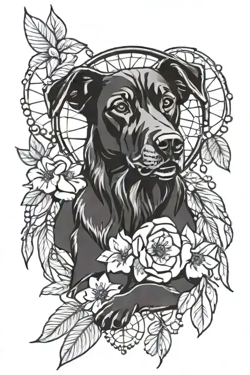 dream catcher with apple blossom and beads with dog paws and  tattoo design idea