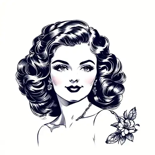 Beautiful women's face in American traditional style, should look like a flashset from the 1950s. hard shadow, tattoo design idea