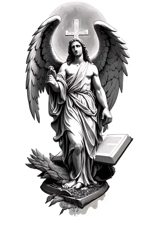 archangel, cross and bible scene tattoo tattoo design idea