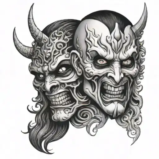 demon with angel mask split in half face tattoo design idea