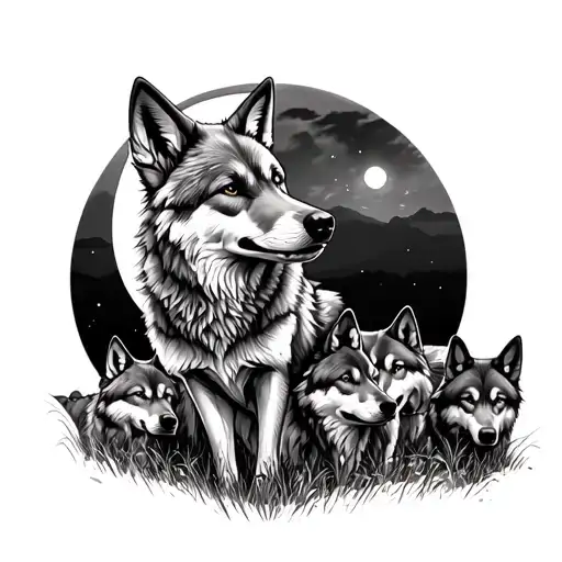 coyote in a field of wolves with a full moon tattoo design idea