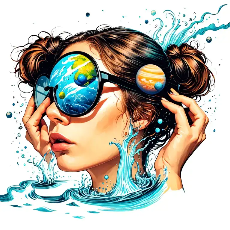 girl in profile looking up in glasses with her hands on the glasses a pourig out of the glases with planets in a stream tattoo design idea