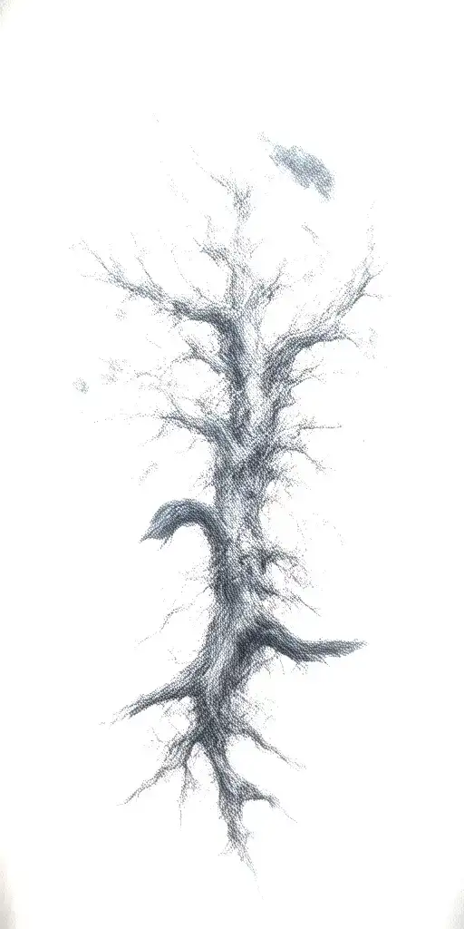 crooked scary looking tree wich gnarled and snapped branches. ravens perched amongst the branches roses weaving amongst tattoo design idea