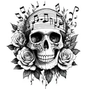 A skull composed of musical notes intertwined with roses tattoo design idea