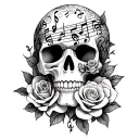A skull composed of musical notes intertwined with roses tattoo design idea