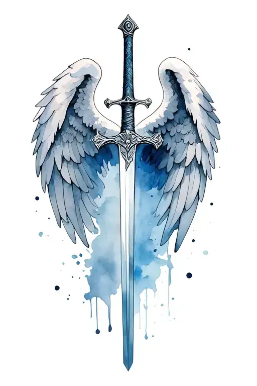 fallen angel wings holding sword tattoo design idea