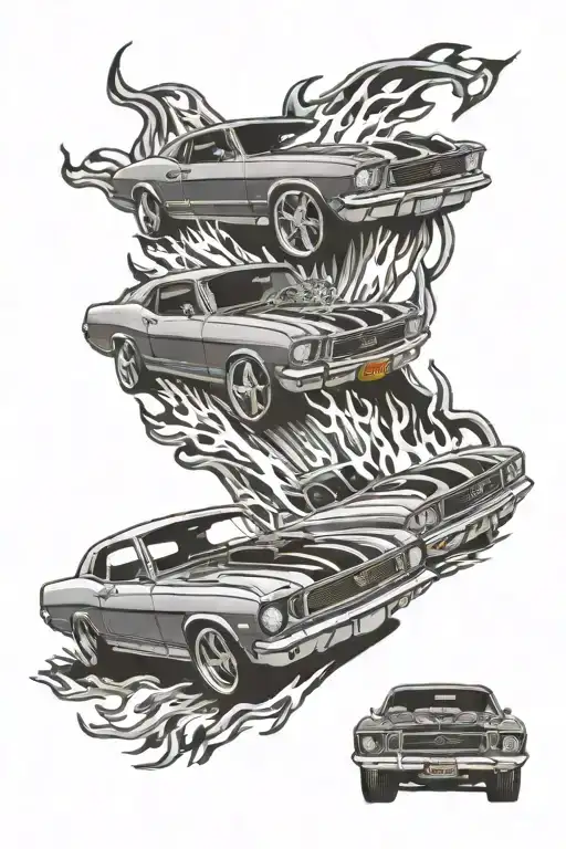 A 71’ Chevy nova & a 65’ mustang with hot wheels flames around them.  tattoo design idea