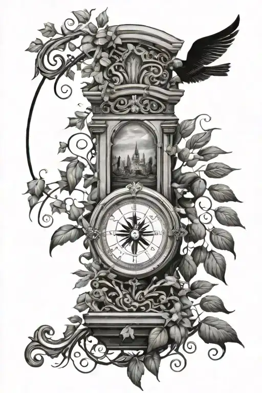 Arch monument with wrapping wild vines, and a compass inside the arch. tattoo design idea